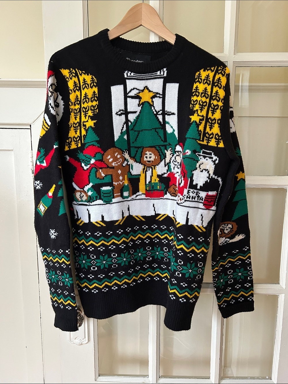 Black Holiday Knit Sweater with Festive Characters, Santa, Jesus, snowflake